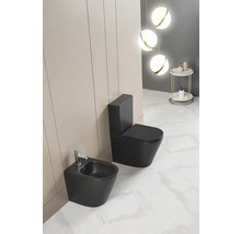 Moderná kúpeľňa s čiernou stojacou toaletou, bidetom, mramorovou podlahou a dekoratívnymi závesnými svietidlami.