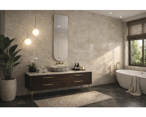 Moderná kúpeľňa s nástennými obkladmi v mramorovom vzhľade, tmavou skrinkou pod umývadlo, oválnym zrkadlom a voľne stojacou vaňou.