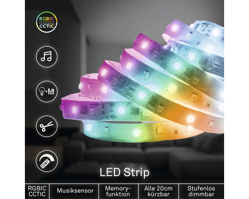 LED pásik RGBIC CCT s hudobným senzorom, pamäťovou funkciou, skrátiteľný každých 20 centimetrov a plynulo stmievateľný.