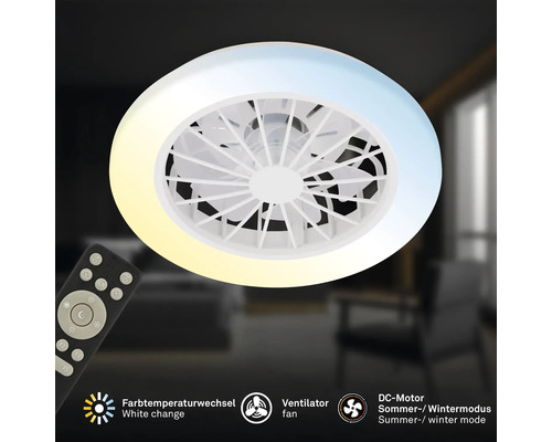 Stropný ventilátor s LED svetelným kruhom, zmenou teploty farieb, letným a zimným režimom, vrátane diaľkového ovládania.