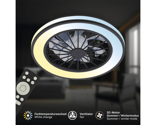 Okrúhle stropné LED svietidlo s ventilátorom, diaľkovým ovládaním, nastaviteľnou teplotou farieb a letným i zimným režimom.