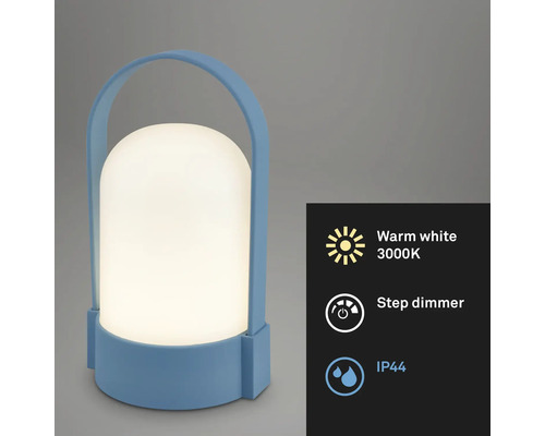 Modrá prenosná vonkajšia LED stolná lampa, rukoväť, teplé biele svetlo 3000 Kelvinov, stupňovitý stmievač a ochrana proti striekajúcej vode IP44.