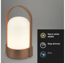 Prenosná medená LED stolná lampa s rukoväťou, teplé biele svetlo 3000 Kelvinov, stupňovitý stmievač, stupeň krytia IP44.