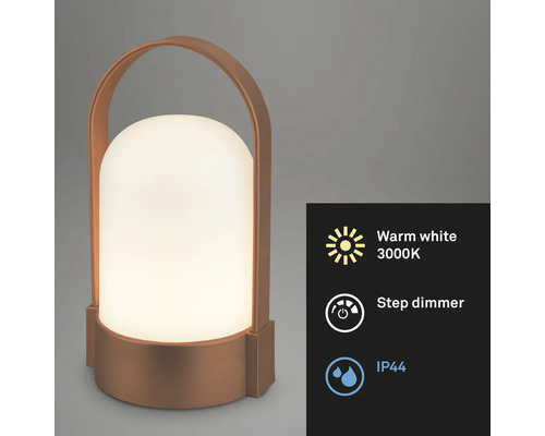 Prenosná medená LED stolná lampa s rukoväťou, teplé biele svetlo 3000 Kelvinov, stupňovitý stmievač, stupeň krytia IP44.