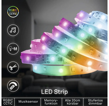 LED pásik RGBIC CCT s hudobným senzorom, pamäťovou funkciou, skrátiteľný každých 20 centimetrov a plynulo stmievateľný.