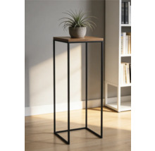 Moderný stojan na kvety s čiernym kovovým rámom a drevenou doskou, s rastlinou v kvetináči v svetlej miestnosti s knižnicou.