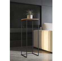 Moderný vysoký stojan na rastliny so štvorcovou drevenou doskou a čiernym kovovým rámom vo svetlej obývačke vedľa pohovky.