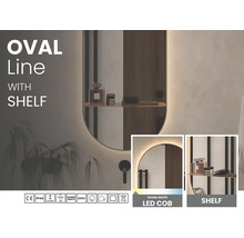 Oválne kúpeľňové zrkadlo Oval Line s policou, teplým bielym COB LED osvetlením a krytím IP44.