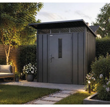 Moderný kovový záhradný domček s pultovou strechou, dverami s oknom a svetlíkmi v záhrade s dláždeným chodníkom a rastlinami.