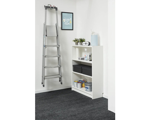 Organizovaný úložný priestor s bielym regálom a hliníkovým rebríkom na stene, doplnený o plechovky s farbou a úložné boxy.