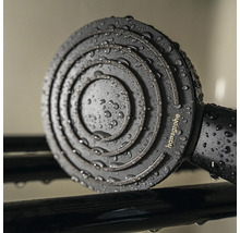 Matná čierna ručná sprcha Hansgrohe s kruhovým sprchovým diskom a kvapkami vody, Hansgrohe Logo.
