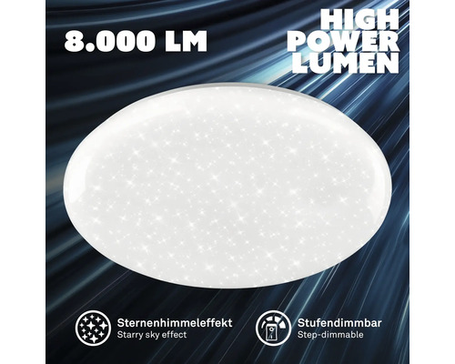 Okrúhle stropné LED svietidlo s 8.000 lúmenmi, efektom hviezdnej oblohy a funkciou krokového stmievania.