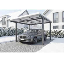Moderný hliníkový prístrešok pre auto s SUV pod ním v zasneženej zimnej krajine.