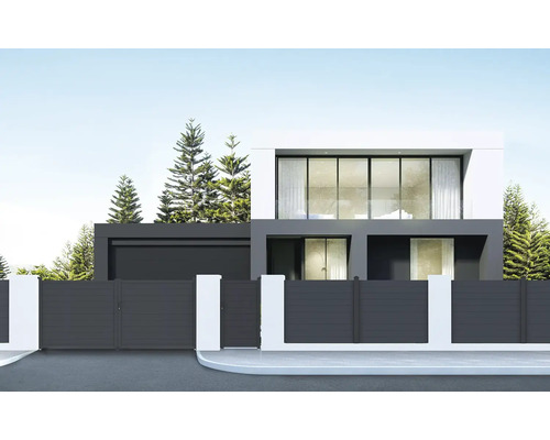 Moderný plot a brána v antracitovej farbe pred minimalistickým domom s veľkými presklenými plochami a bielou omietkou.