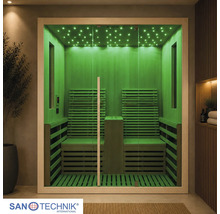 Infrasauna Sanotechnik s dvoma miestami, skleneným čelom a zeleným LED osvetlením s efektom hviezdnej oblohy. Sanotechnik Logo.
