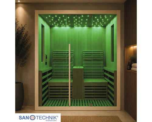 Infrasauna Sanotechnik s dvoma miestami, skleneným čelom a zeleným LED osvetlením s efektom hviezdnej oblohy. Sanotechnik Logo.