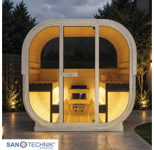 Sanotechnik Logo. Moderná oválna vonkajšia sauna s presklenou prednou časťou, drevenými lavicami a saunovou pecou.