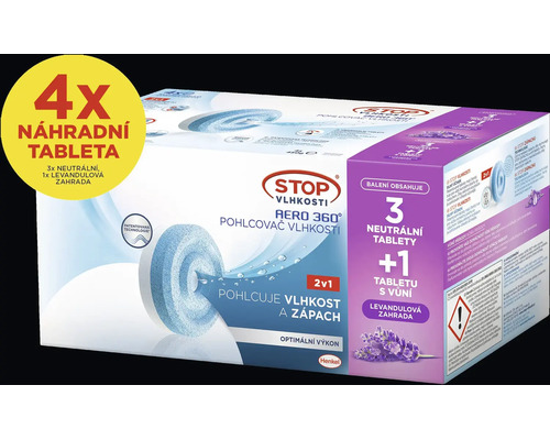 Stop Vlhkosti Aero 360 náhradné tablety, balenie 4 kusy, 3 neutrálne a 1 s vôňou levandule, pohlcuje vlhkosť a zápach. Henkel Logo.