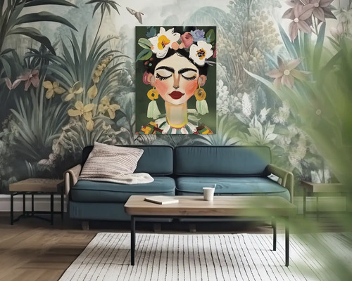 Moderná obývacia izba s modrou pohovkou, dreveným stolíkom a portrétom v štýle Fridy Kahlo na stene s botanickou fototapetou.