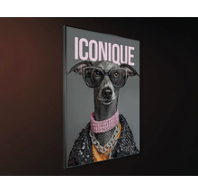 Nástenný obraz s chrtom, okuliarmi, náhrdelníkom a nápisom Iconique.