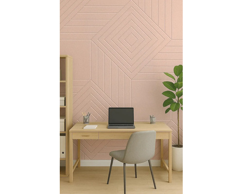 Akustický nástenný panel s geometrickým vzorom v svetlej pracovni s písacím stolom.