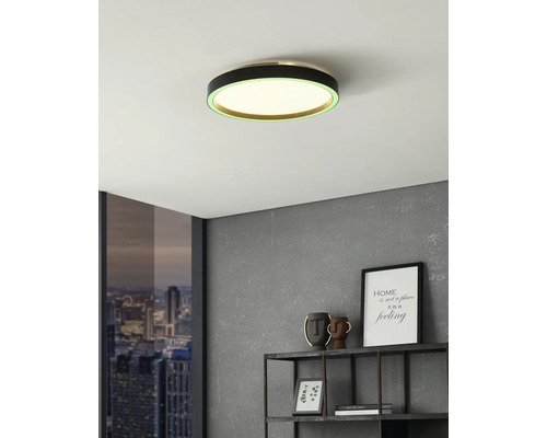 Moderné okrúhle stropné LED svietidlo s čiernym rámom a zeleným svetelným kruhom v izbe s sivou stenou a kovovým regálom.