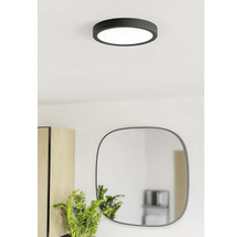 Moderné okrúhle stropné LED svietidlo v čiernej farbe vo svetlej miestnosti nad zrkadlom a rastlinou.