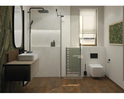 Moderná kúpeľňa s walk-in sprchou, umývadlom, závesným WC a rebríkovým radiátorom, v kombinácii s dekorom dreva a tapetou s motívom listov.