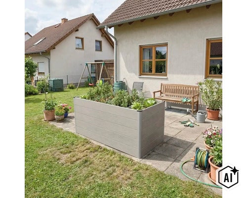 Obdĺžnikový vyvýšený záhon z plastu so vzhľadom dreva na kamennej terase v záhrade s domom, záhradnou lavičkou a rastlinami. (Image AI modified or generated)