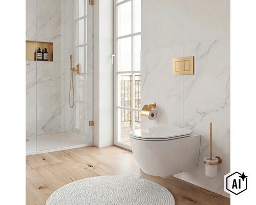 Moderná kúpeľňa so závesným WC, sprchou a zlatými armatúrami pri mramorových obkladoch a drevenej podlahe. (Image AI modified or generated)