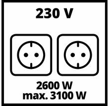 Symbol pre dve zásuvky s napätím 230 Voltov a výkonom 2600 Wattov až maximálne 3100 Wattov.