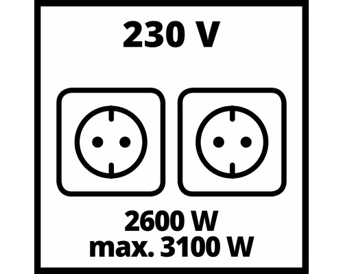 Symbol pre dve zásuvky s napätím 230 Voltov a výkonom 2600 Wattov až maximálne 3100 Wattov.