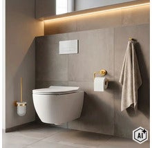 Moderná kúpeľňa so závesným WC, ovládacím tlačidlom, držiakom na toaletný papier, WC kefou a háčikom na uterák v minimalistickom štýle. (Image AI modified or generated)