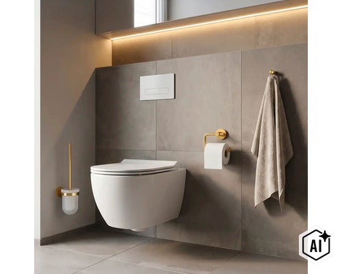 Moderná kúpeľňa so závesným WC, ovládacím tlačidlom, držiakom na toaletný papier, WC kefou a háčikom na uterák v minimalistickom štýle. (Image AI modified or generated)