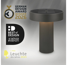 Moderná LED stolná lampa so solárnym panelom, víťaz ceny German Design Award 2026 a ocenenia Best of Design.