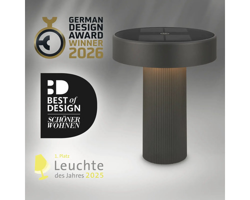 Moderná LED stolná lampa so solárnym panelom, víťaz ceny German Design Award 2026 a ocenenia Best of Design.