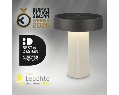 Moderná LED stolná lampa s rebrovanou základňou a plochou hlavou vrátane ocenení za dizajn