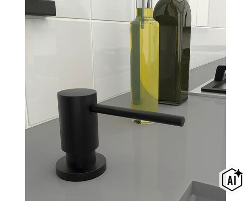 Vstavaný dávkovač saponátu s valcovým dizajnom pre kuchynský drez v modernom prostredí. (Image AI modified or generated)