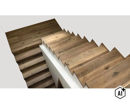 Obklad schodov laminátom so vzhľadom dreva na točitom schodisku v modernom interiéri. (Image AI modified or generated)