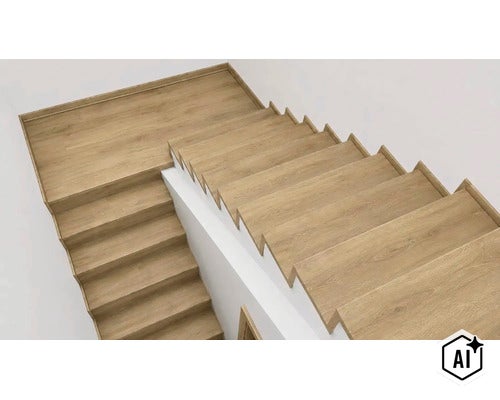 Schodisko so stupňami v dekore dreva a bielou konštrukciou v jednoduchom interiéri. (Image AI modified or generated)