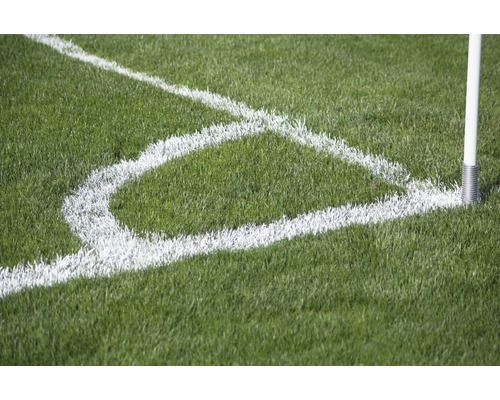 Roh futbalového ihriska s rohovou vlajkou a čiarami