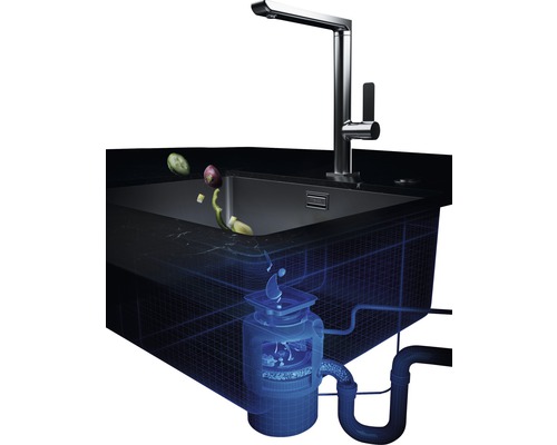 Drez s drvičom kuchynského odpadu a vodovodnou batériou