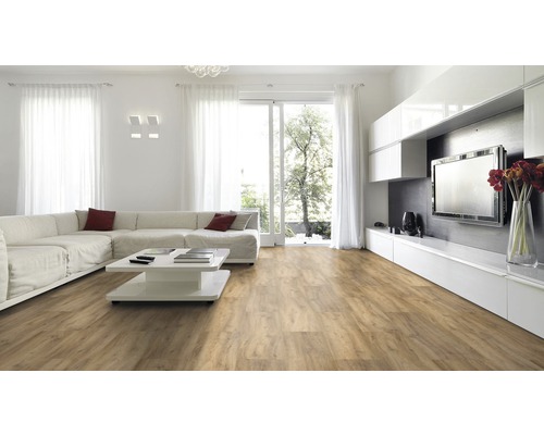 Svetlá obývacia izba s drevenou podlahou, pohovkou a televízorom