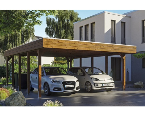 Prístrešok na auto SKAN HOLZ Friesland dvojitý 557 x 708 cm orech vr. EPDM fólia Drevený prístrešok pre auto s dvoma zaparkovanými autami