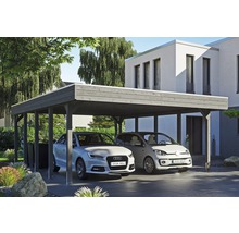 Drevený dvojitý carport s dvoma zaparkovanými autami