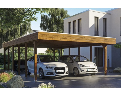 Prístrešok na auto SKAN HOLZ Friesland dvojitý 557 x 860 cm orech vr. EPDM fólia Dvojitý drevený prístrešok pre auto s dvoma autami