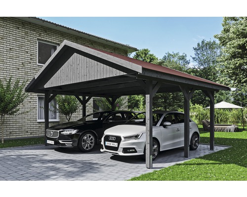 Prístrešok na auto Skan Holz Wallgau dvojitý 620x500 cm bridlicovo sivý vr. šindľov Prístrešok na auto Skan Holz Wallgau dvojitý 620x500 cm bridlicovo sivý vr. šindľov