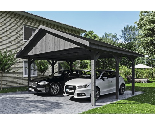 Prístrešok na auto Skan Holz Wallgau dvojitý 620x500 cm bridlicovo sivý vr. šindľov Prístrešok na auto Skan Holz Wallgau dvojitý 620x500 cm bridlicovo sivý vr. šindľov