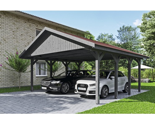 Prístrešok na auto Skan Holz Wallgau dvojitý 620x600 cm bridlicovo sivý vr. šindľov Prístrešok na auto Skan Holz Wallgau dvojitý 620x600 cm bridlicovo sivý vr. šindľov