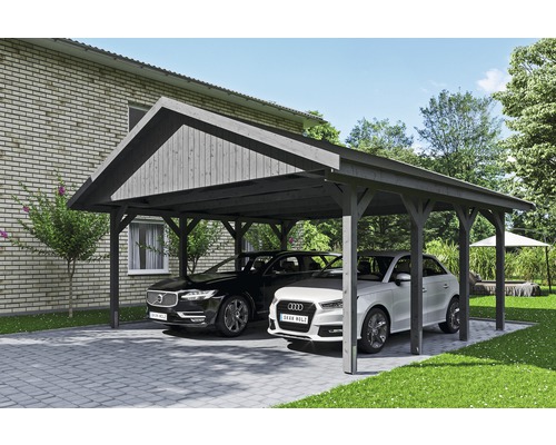 Prístrešok na auto Skan Holz Wallgau dvojitý 620x600 cm bridlicovo sivý vr. šindľov Prístrešok na auto Skan Holz Wallgau dvojitý 620x600 cm bridlicovo sivý vr. šindľov